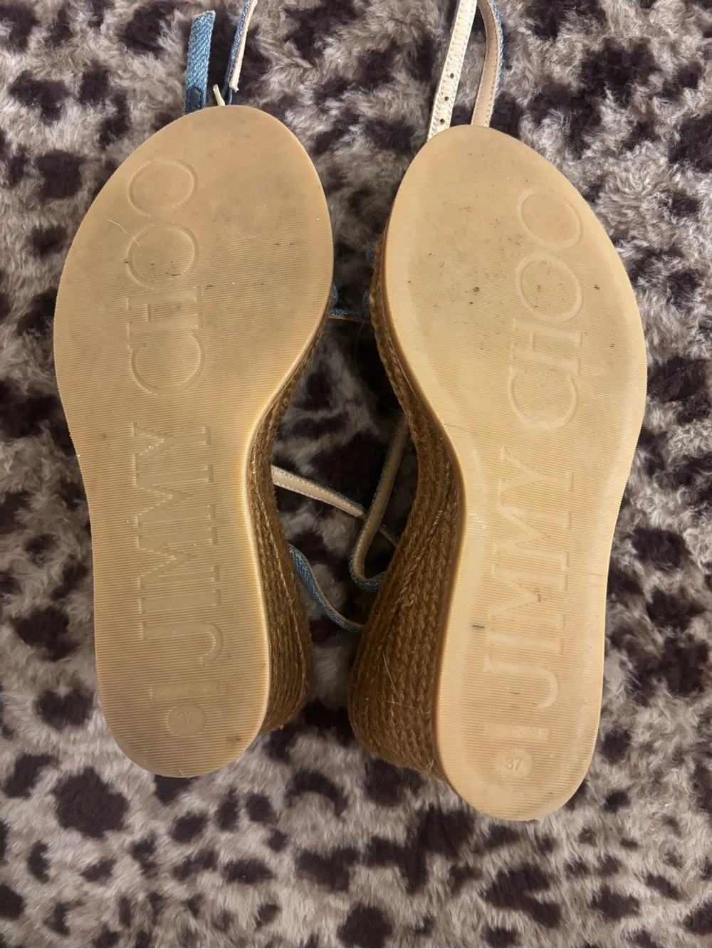 Jimmy Choo Denim Blue Strappy Wedge Sandal with Pink Insole